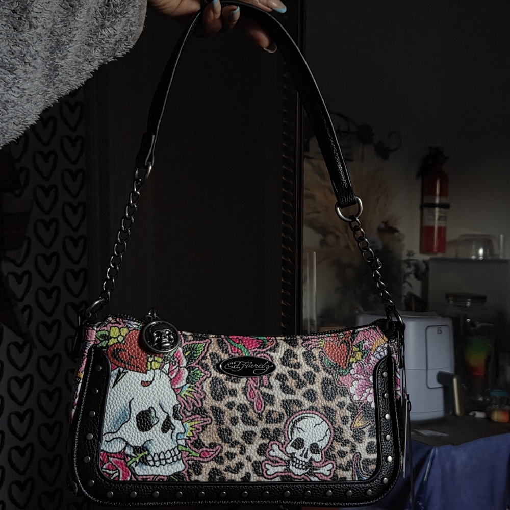 Ed Hardy Skull Leopard Print Shoulder/Crossbody Bag